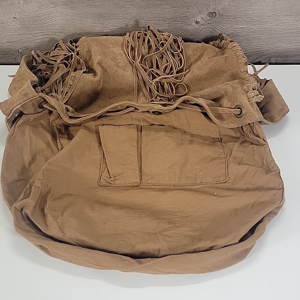 Raj for Anthropologie Boho Fringe Suede Bucket Crossbody Bag - Tan - Picture 9 of 12